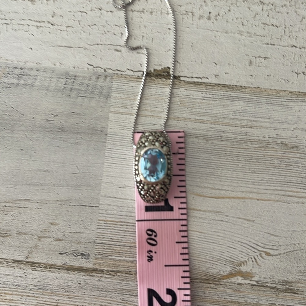 Sterling Silver Marcasite Blue Topaz Pendant Necklace - Picture 9 of 9